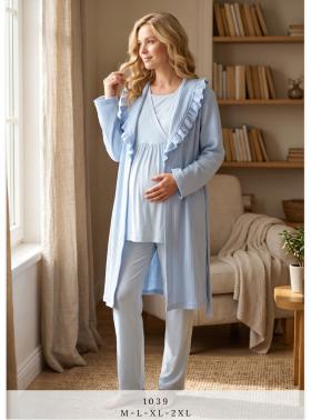 Mavi Kışlık Bebe Yaka Sabahlıklı Kruvaze Lohusa Pijama Takımı 1039